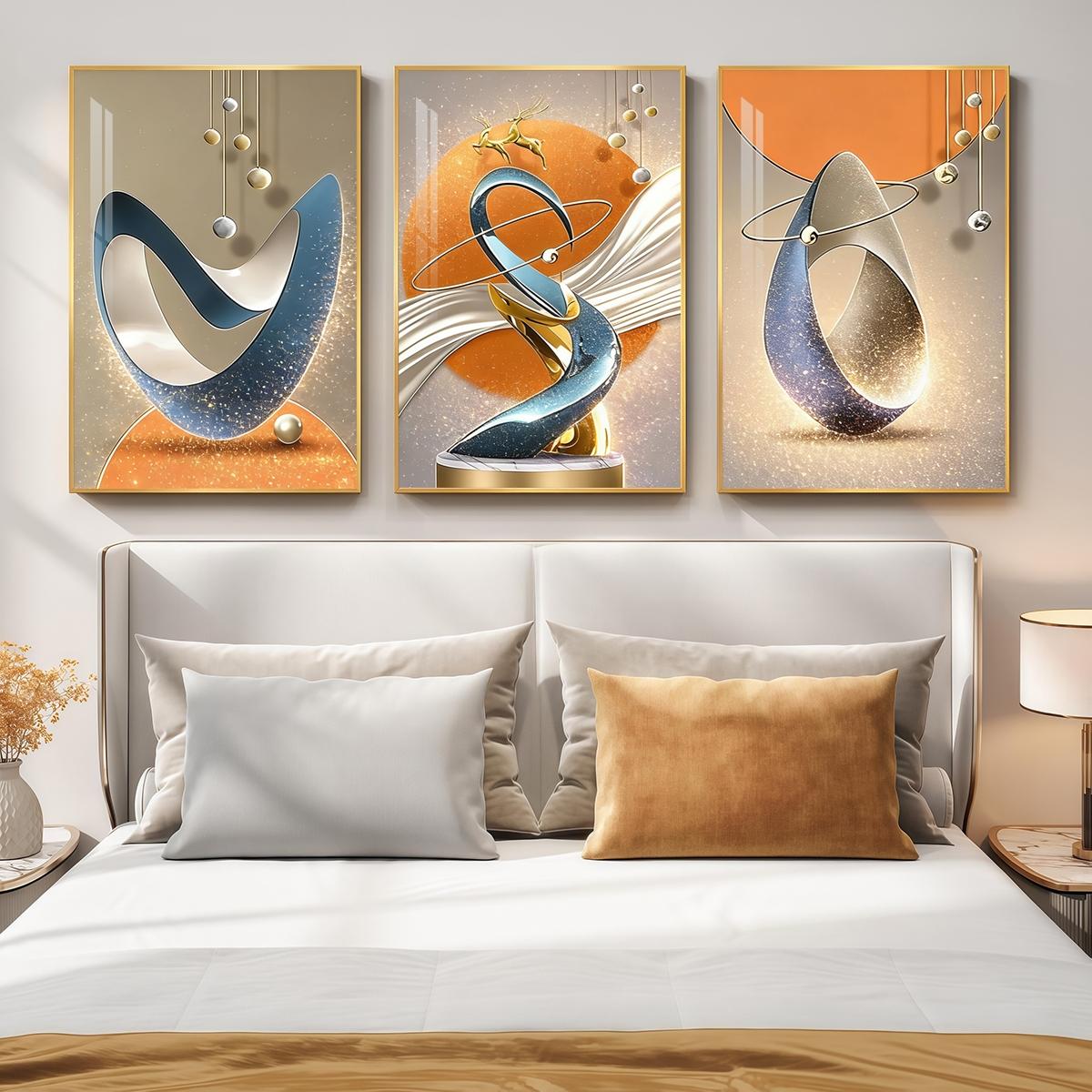 3 Counts Aluminum Alloy Framed Painting, Modern Abstract Geometric Sculpture Art Pictures, Home Decoration For Living Room, Bedroom, Office, Restaurant, Hallway Wall Decor, Odorless Print Artwork, Luxury Perfect Gift For Friends And Family