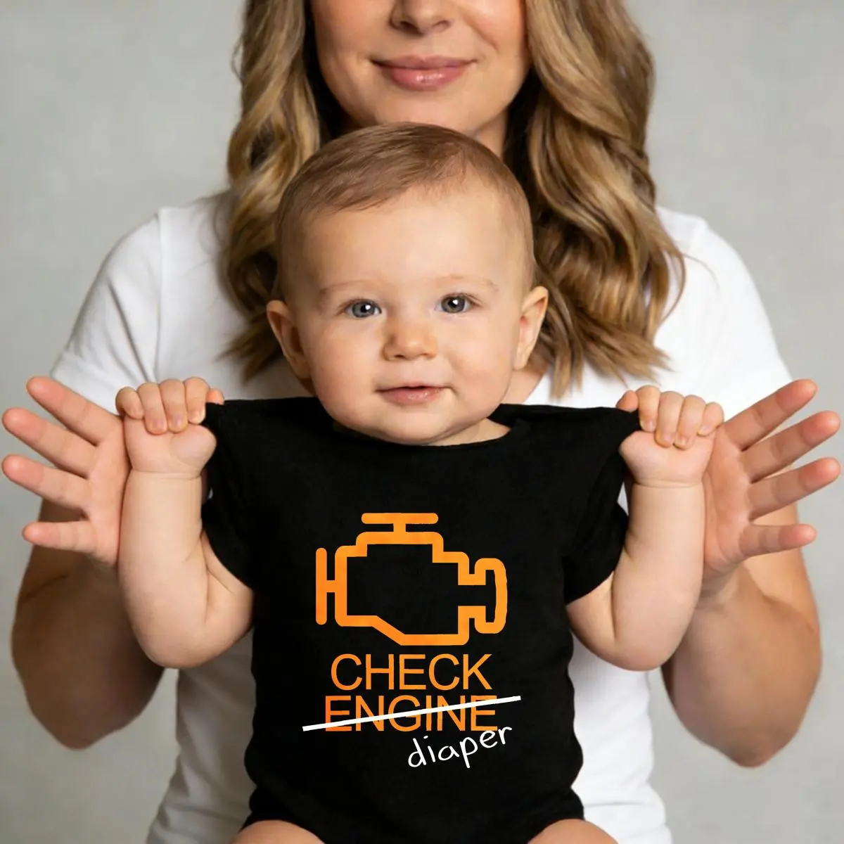 "Check Engine" Funny Baby Onesie – Car-Themed Diaper Area Print Bodysuit, 100% Pure Cotton, Non-Irritating, Quick Snap Closure, Breathable Fabric – Hilarious Gift for Car-Loving Dads, Baby Showers & Everyday Wear