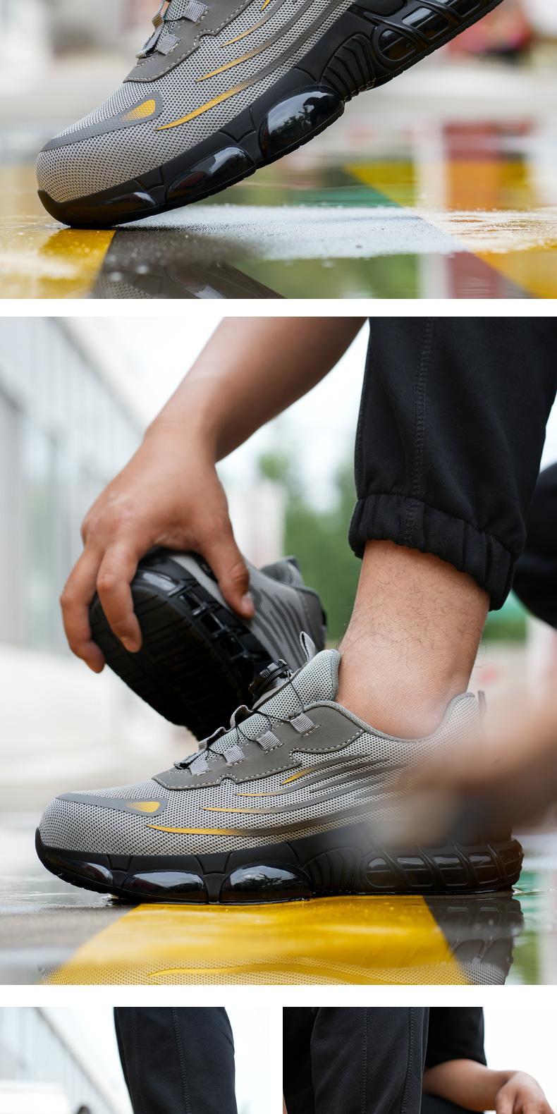 QINGRUIPAI Men's Breathable Mesh Work Sneakers Durable Anti-Slip Safety Shoes with Steel Toe Protection Comfort Fit for All Seasons Casual Striped Design Elastic Closure Non-Slip EVA Sole Outdoorfun Fathersdaygift