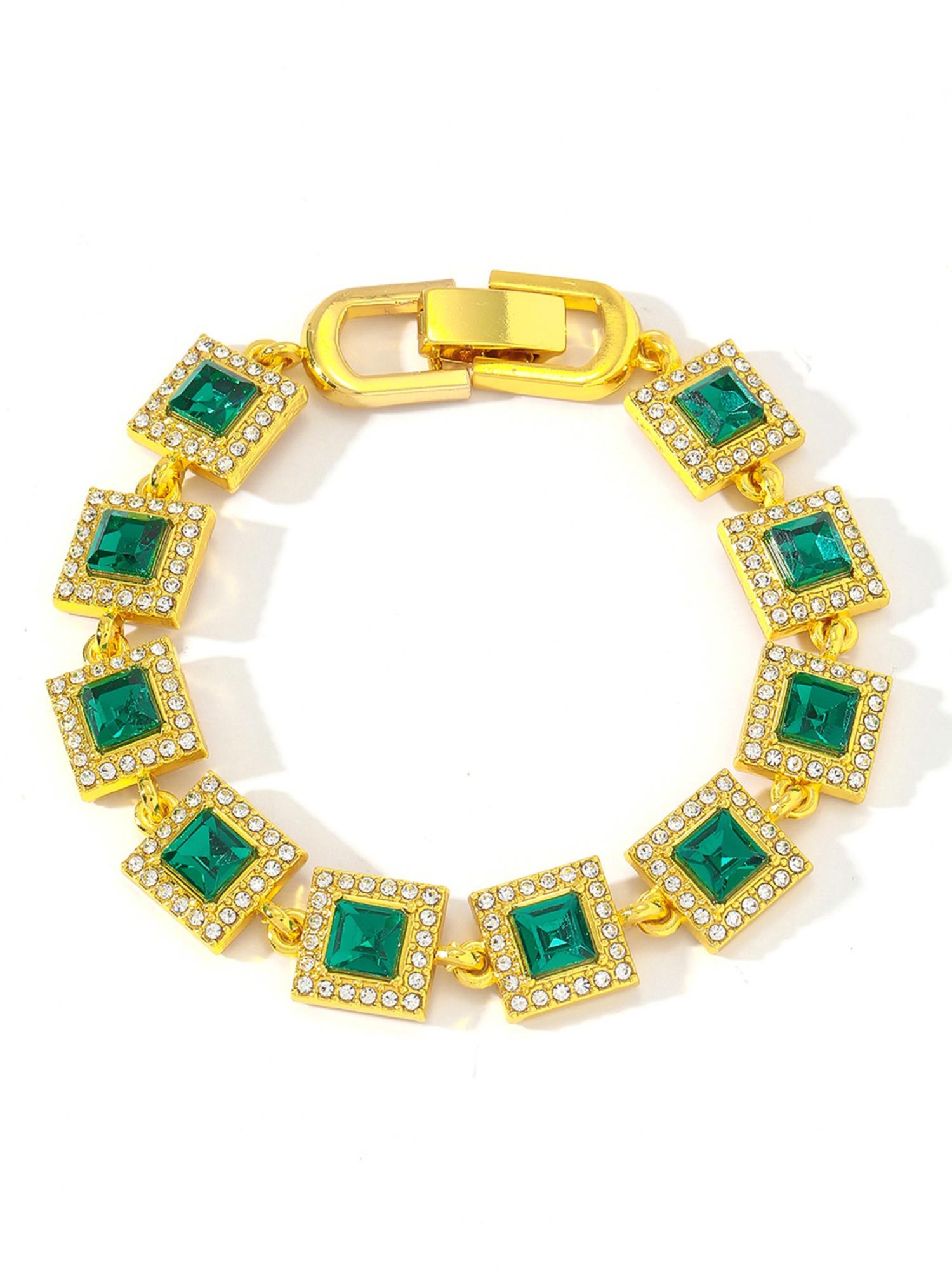 Trendy Spliced Square Color Necklace Bracelet Set, Unisex Iced Out Blingbling Design, Ideal Jewelry Gift & Punk Style Accessory