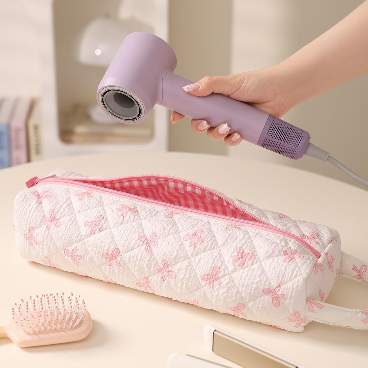 Hair Tool Organizer Bag with Zipper Closure & Bow Design, Dustproof Storage for Hair Dryer, Curling Iron, Straightener, Travel, Gym, Salon, Home