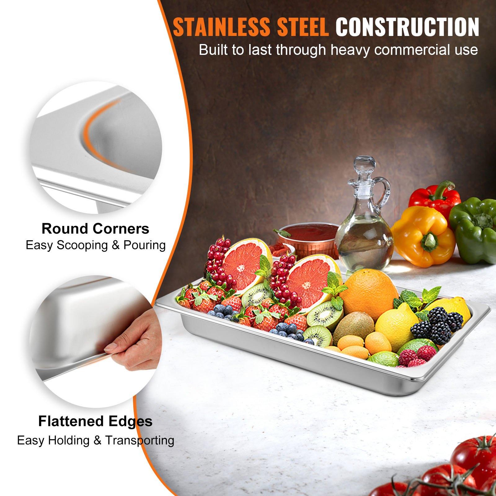 VEVOR 6 Pack Steam Table Pans 20.9x 12.8x 2.6 Inch Deep Steam Table Pan Full Size 8.5L Deep Food Container Stainless Steel Oven Tray Hotel Pans Anti-Jam Steam Table Food Pan
