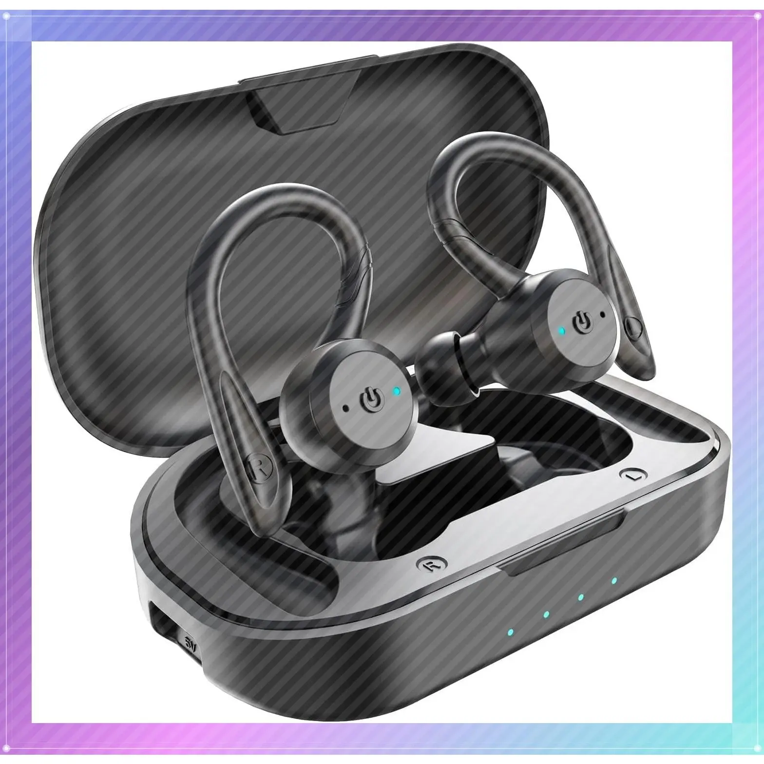 True Wireless Bluetooth Earbuds with Charging Case, IPX7 Waterproof, Stereo Sound, Built-in Mic, Deep Bass, Ear Hooks, 40H Playtime for Sport Running & Workout, BlackGift
