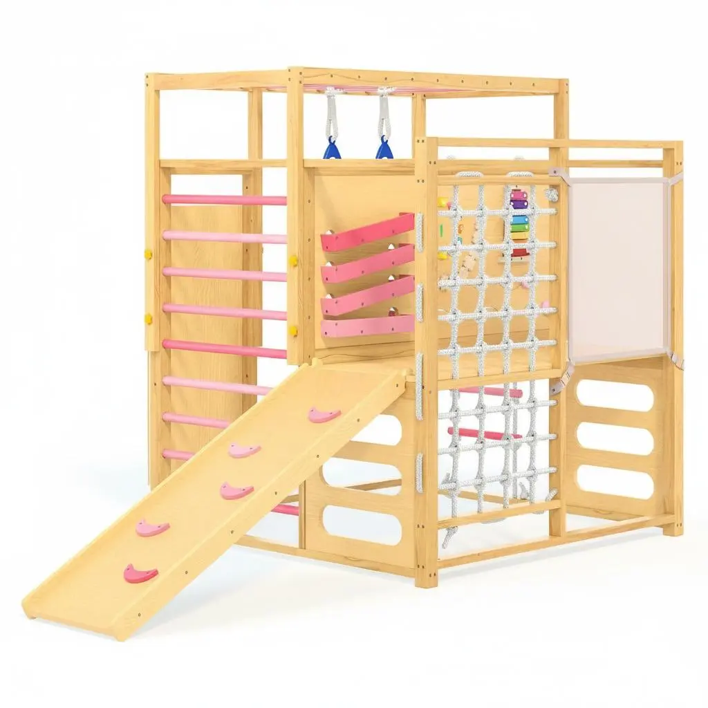 9-in-1 Wooden Indoor Jungle Gym with Wood Frame for Kids Ages 2-8 - Compact, Safe Climbing Playset with Adjustable Height, Slide, Monkey Bars, Rope Ladder, Rock Wall, Net, Rings