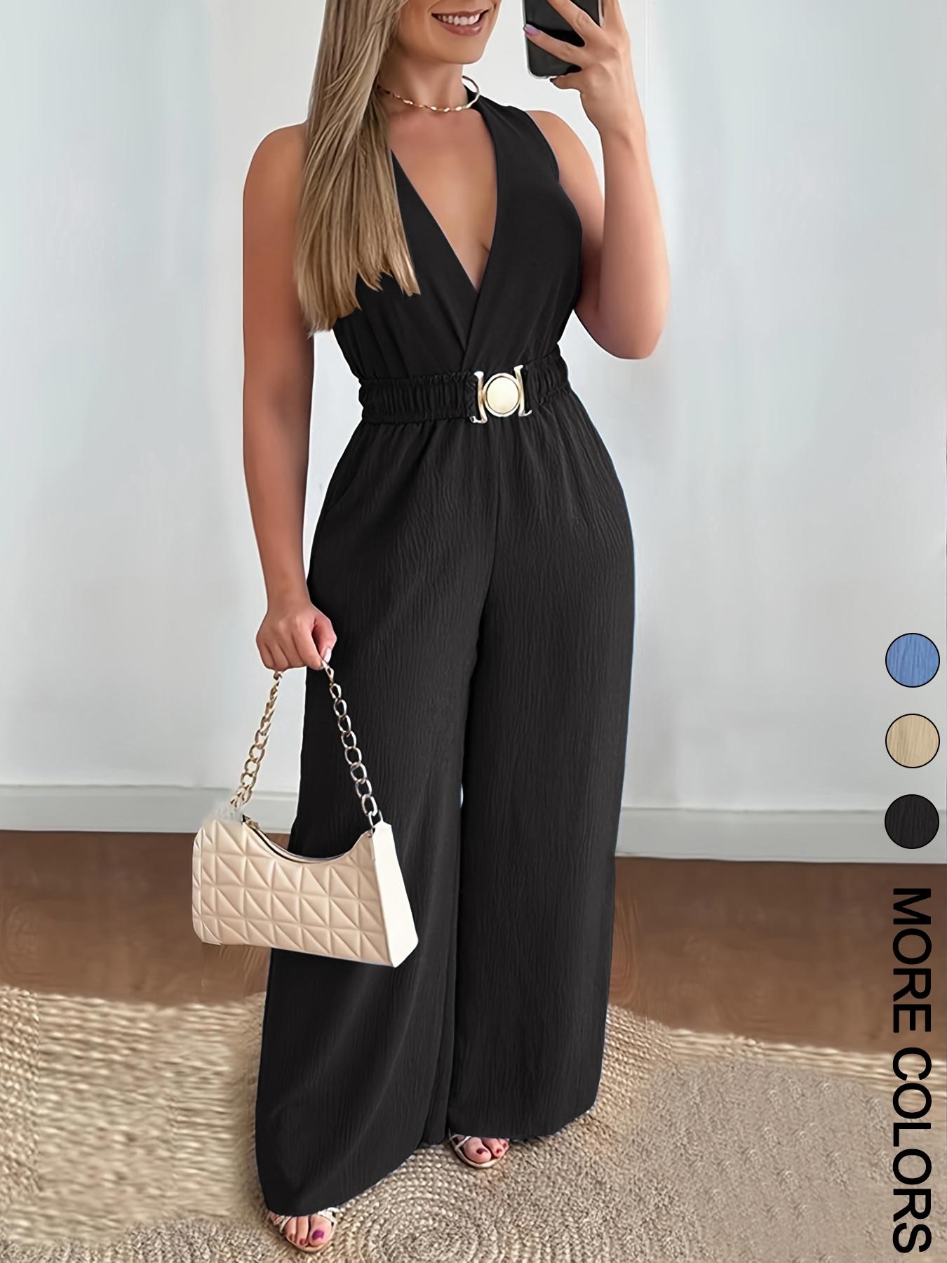 Women's Solid Belted Jumpsuit, Casual Sleeveless V Neck Jumpsuit for Summer, Women's Clothes for Daily Wear, Ruched Belted Jumpsuit