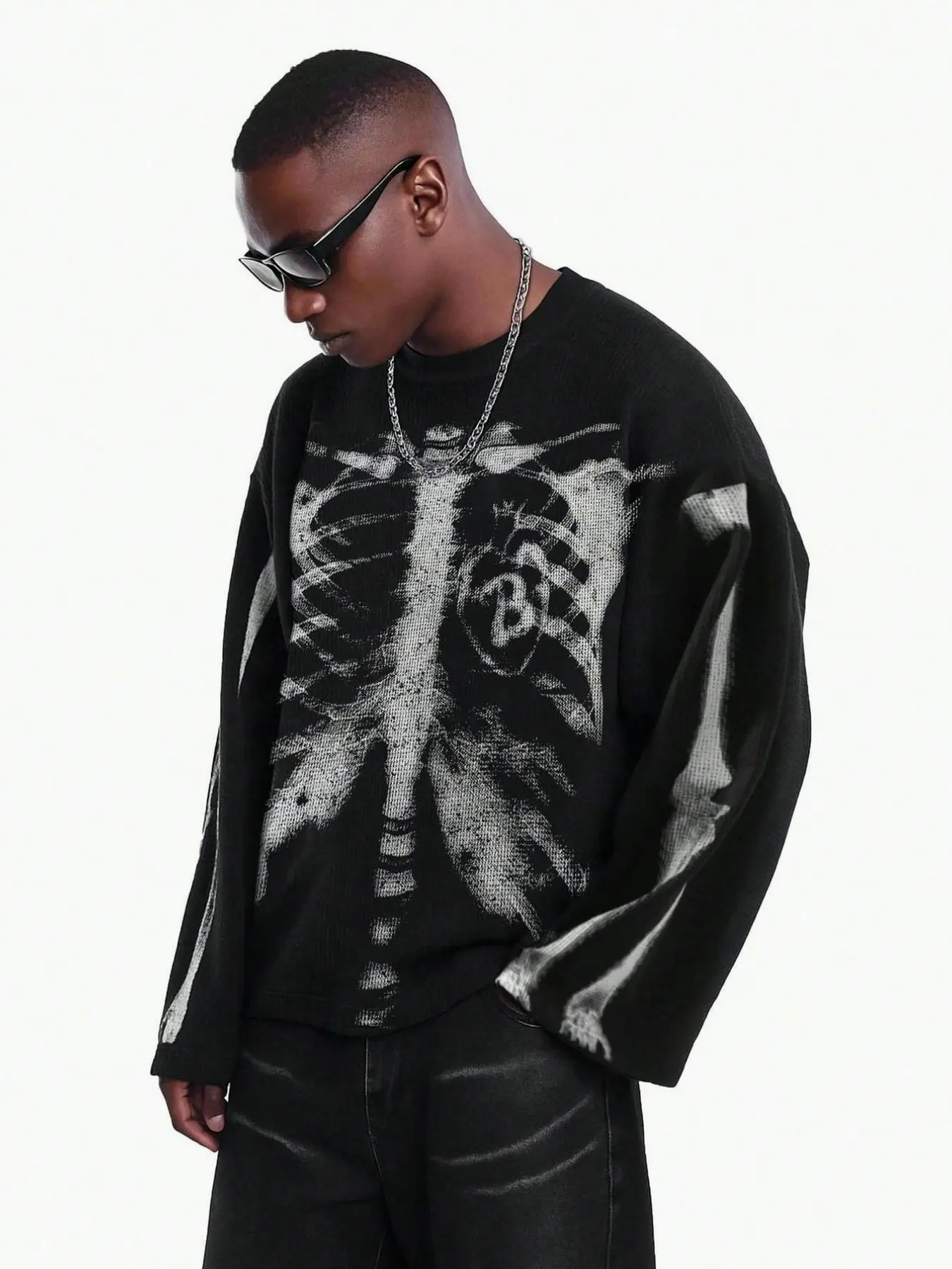 Skeleton X-Ray Ribcage Print Oversized Long Sleeve Knit Top Gothic Grunge Punk Streetwear Y2K Alternative Casual Loose Fit Pullover Unisex Autumn Winter Fashion