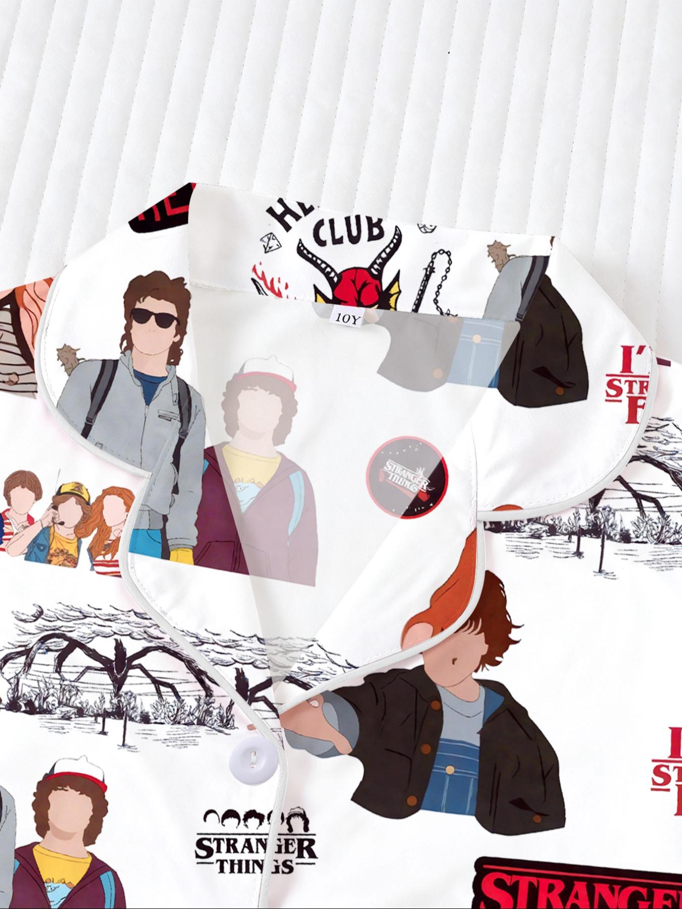 Stranger Things Cartoon Print Pajama Set for Kids, Casual Comfy Pajama - Summer Short Sleeve Home Wear 2-Piece Set, Flame-Retardant Turn-Down Collar Shirt and Loose Elastic Waist Shorts Set