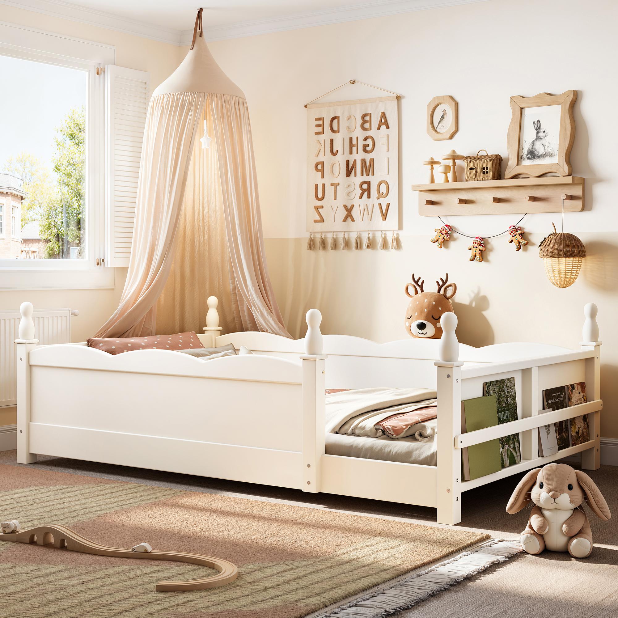 [Bellemave] Twin/Full/Queen Montessori Floor Bed with Full-Length Guardrails, Wooden Bed Frame with Beside Book Shelf, No Box Spring Needed, Easy Assembly