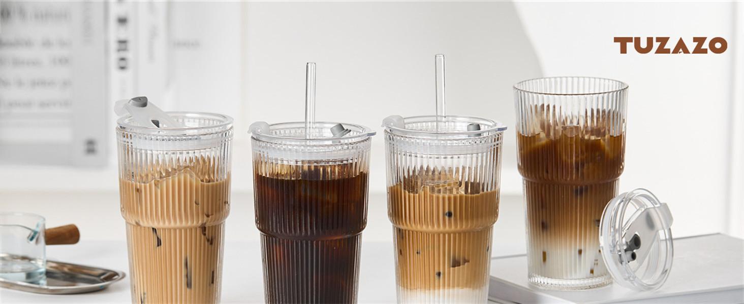 20 Oz Ribbed Glass Tumblers with Lids and Straws - 4 Pack Reusable Glass Coffee Cups with Straws and Lids, Thicken Glass, Ideal for To Go Iced Coffee