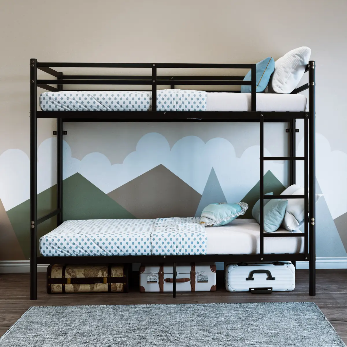 Metal Bunk Bed, Suitable For Teenagers/Adults, With 14.29-Inch High Safety Rails, 19 Crossbars On Each Bunk, Single-Bunker Support Of 400 Lbs Or More, And Storage Space Under The Bed. Black
