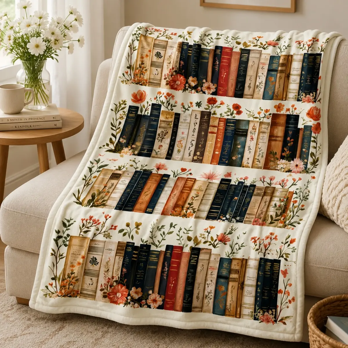 Bookshelf Blanket for Book Lovers, Soft Flannel Throw Blanket with Floral Library Print, Cozy Reading Blanket for Couch Sofa Bed, Bookish Gift for Readers