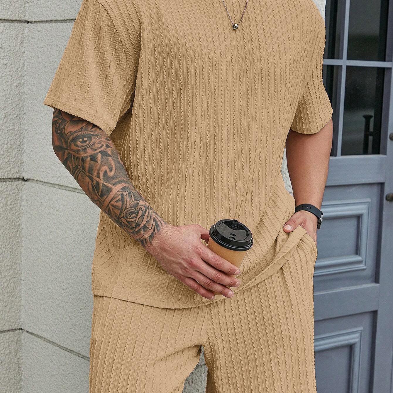 KZZ Men's Premium 2-Piece Plain Casual Shorts Set - Solid Textured Drop Shoulder Round Neck Tee & Drawstring Shorts, Relaxed Loose Fit, Machine Washable, Fashion Spring Summer Menswear, Christmas Gifts for Him