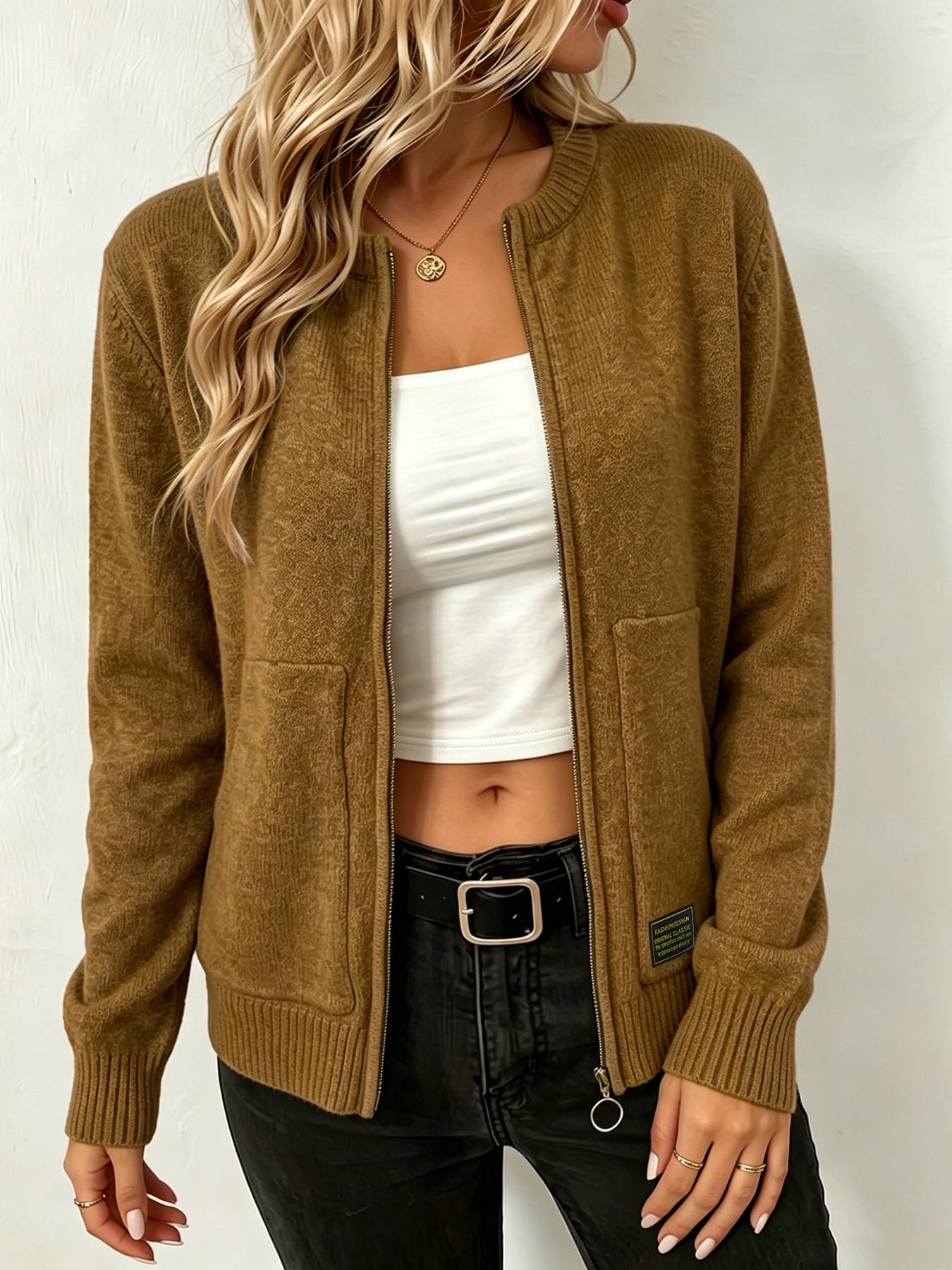 Women's Zipper Knit Cardigan Coat, Long Sleeve Pocket Design, Fall & Winter Casual Outerwear, Slim Fit 3/4 Length, Solid Color, Knitted