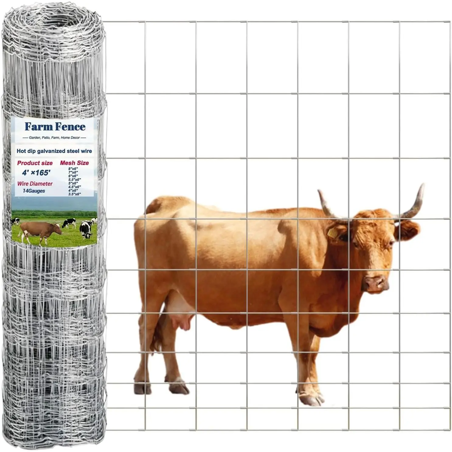 14 Gauge Cattle Fence Panels 4 ft x 165 ft Farm Fence Galvanized Cattle Fence, Pig Fence Panels, Livestock Fence, Grass Pasture Fence for Yard Livestock Animal Protection