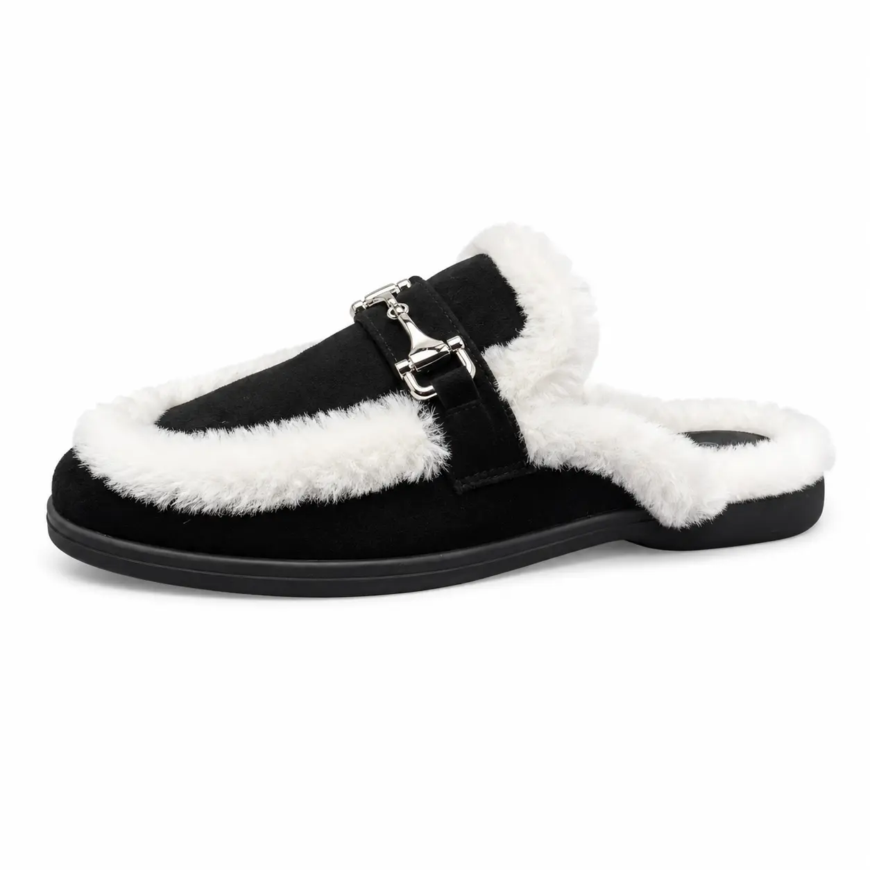 Women Double Buckle Shearling Lined Mule Slides, Winter Warm Fleece Trim Closed Toe Slip On Loafer Mules, Soft Suede Flat Non-Slip Outdoor Lumberjack Slippers, Casual Lazy Fashion Footwear Black Grey Two Colors