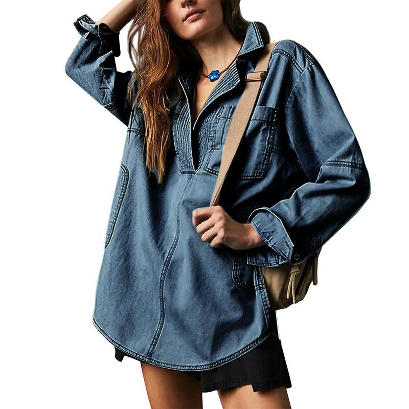 MIDIROSS Women's V-Neck Denim Pullover Shirt Womenswear Blouse Pocket Skirts Fit Top
