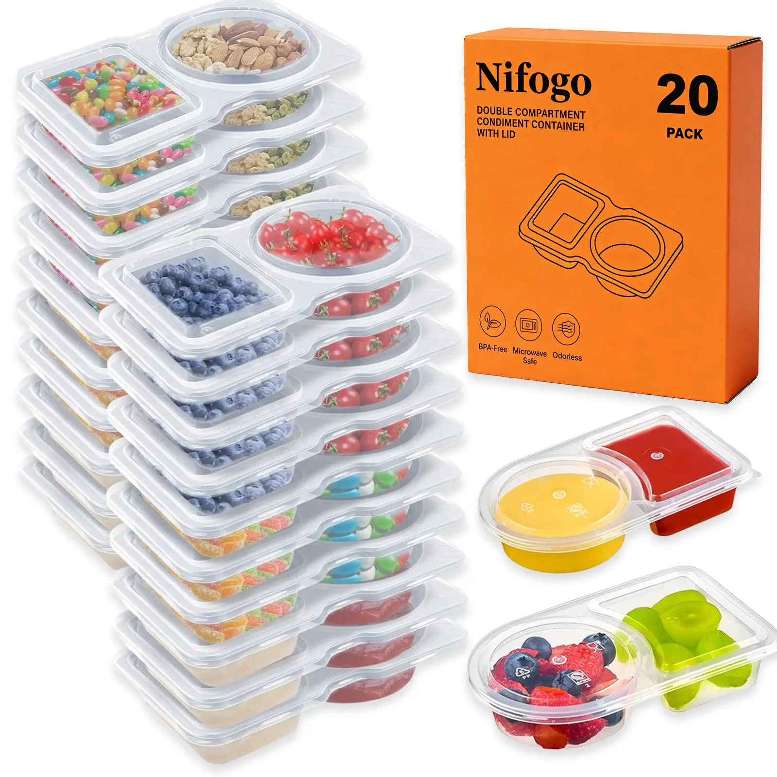 40 Pack Reusable Snack Containers 2 Compartment with Lids Mini Sauce Boxes Lunchable Container for Kids Adults Traveling Going Out Home School Office Picnic Daily Use