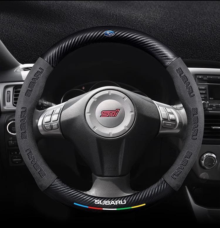 Suede Carbon Fiber Steering Wheel Cover - Anti-Slip, Ventilated, Vehicle-Specific Fit for Subaru STI, Brz, Wrx, Xv, Ascent, Forester, Outback, Impreza, Legacy (Model & Toy Vehicles Accessory)