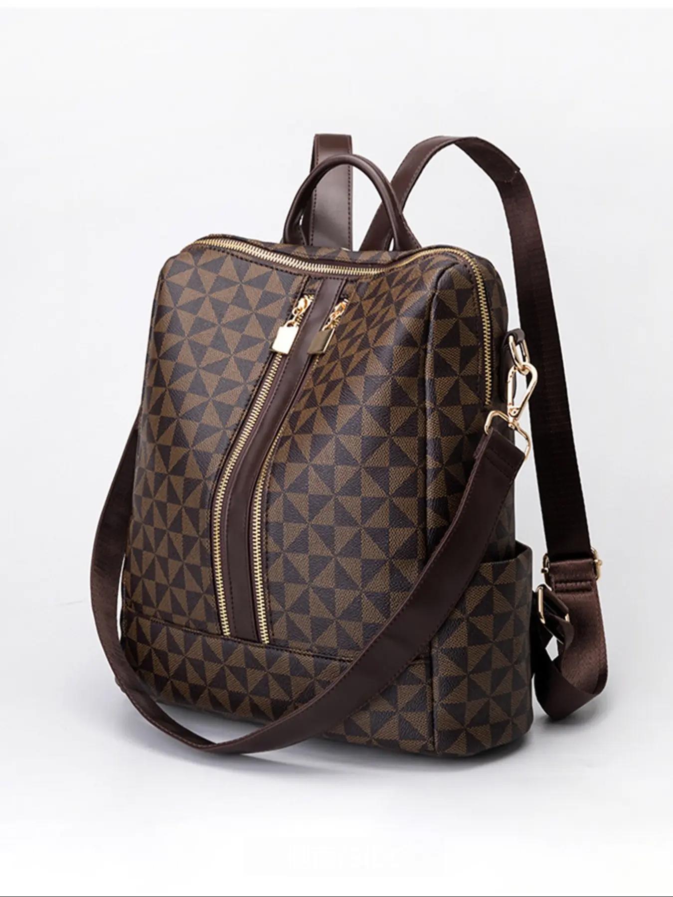 Fashionable Geometric Pattern Backpack & Wristlets Bag, Casual Printed Backpack, Lightweight Casual Daypack, Casual Large Capacity Backpack, Trendy Versatile Travel Durable Backpack for Women