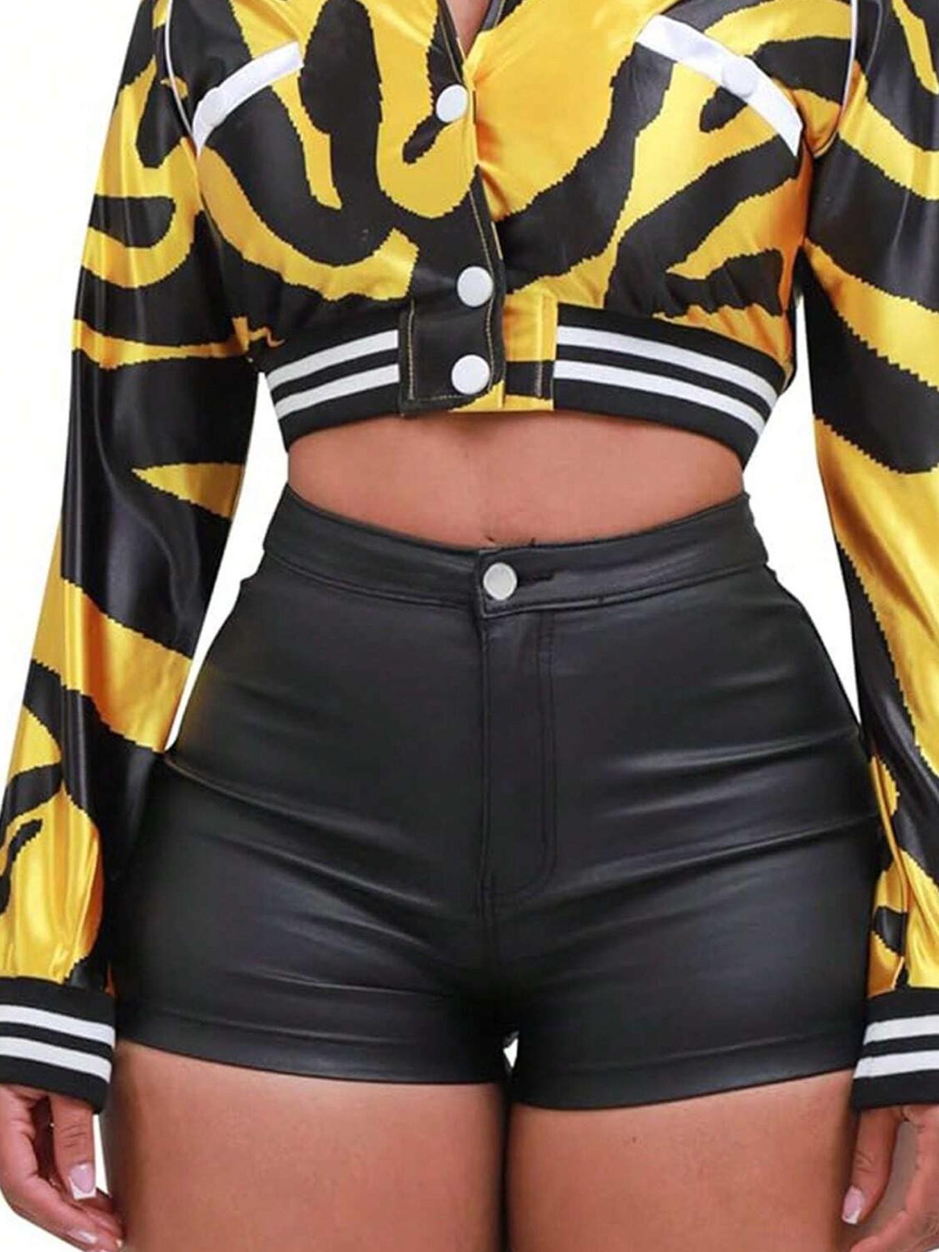 Women's Plain PU High-Waisted Button Closure Shorts, Womenswear, Fitted Casual Style, 1 Piece, Perfect for Everyday Wear