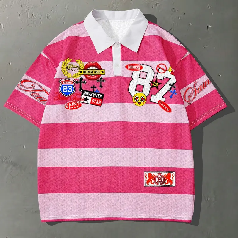 1-Piece Unisex Oversized Relaxed Fit Pink and White Striped Polo Shirt, Casual Polo Shirts, Vintage Y2K Graphic Short-Sleeve Top for Men and Women, Summer Casual Streetwear