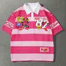 1-Piece Unisex Oversized Relaxed Fit Pink and White Striped Polo Shirt, Casual Polo Shirts, Vintage Y2K Graphic Short-Sleeve Top for Men and Women, Summer Casual Streetwear