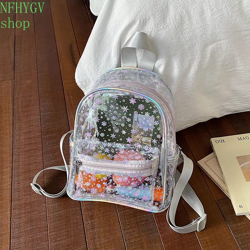 Clear Mini Backpack For Girls, Holographic Snowflake Glitter Transparent PVC Daypack, Adjustable Strap See Through Bag For School, Travel, Beach And Daily Outfit Occasions