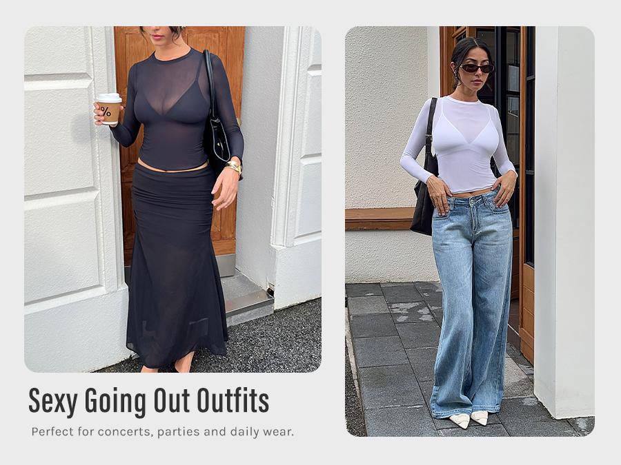 Cosnufy Mesh Sheer Long Sleeve Top Single Layer Crew Neck See Through SpringStatements