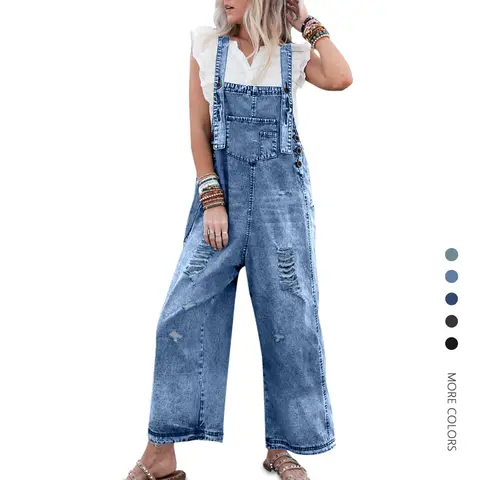 Danedvi Women's Cotton Denim Casual Comfortable Jumpsuit - Sleeveless Basic Strappy Vintage Crop Piece with Adjustable Buckle Straps, Distressed Bib, Buttons, Loose Fit for Spring, Dancing, Durable Jeans Bottoms