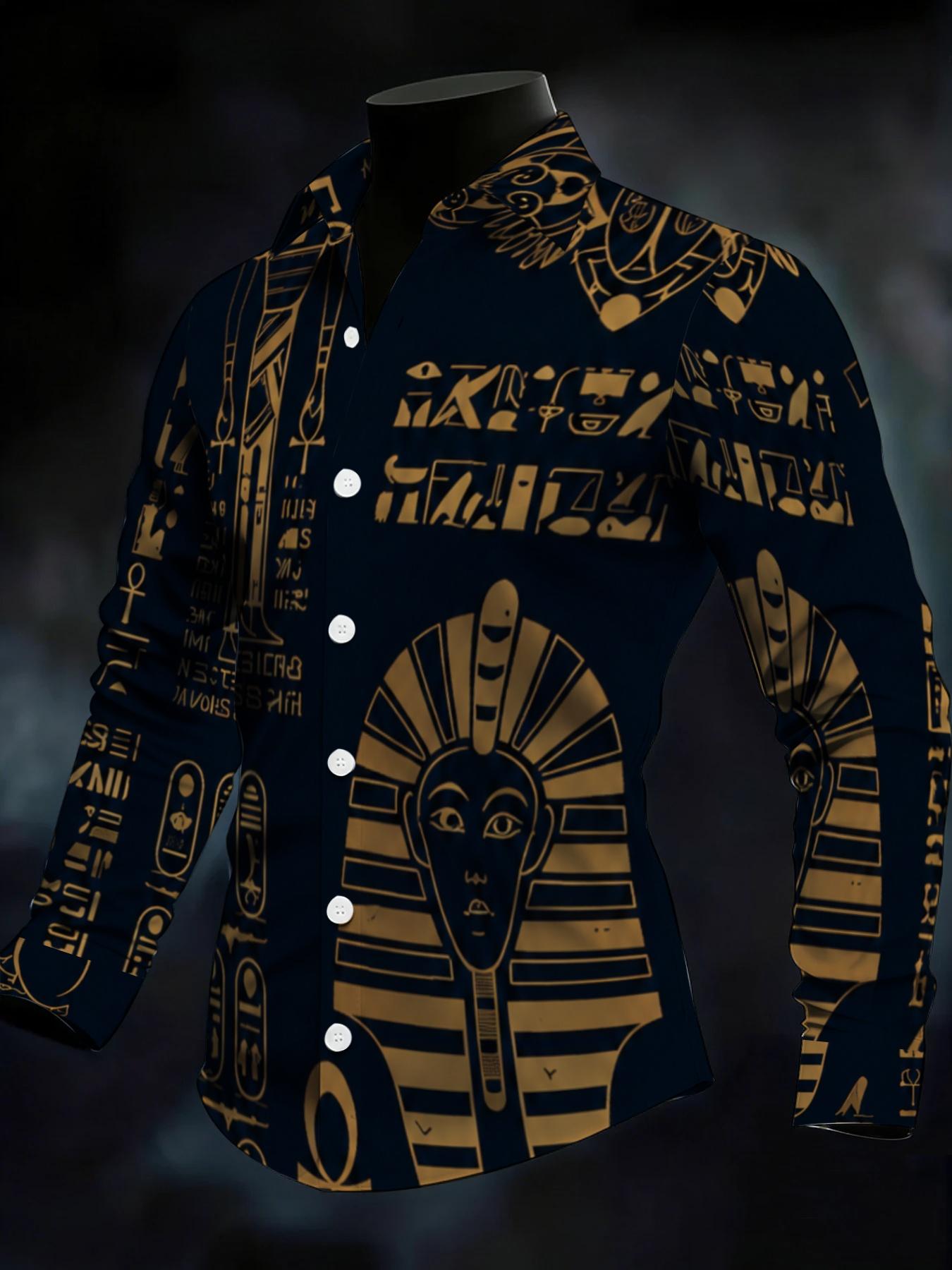 Men's Egyptian Pharaoh Totem Long Sleeve Shirt, Dark Blue Base with Gold Printing, Fashion Casual Loose Lapel Top, Retro Exotic Pattern Design, Daily Commuting Versatile Style Suitable for leisure and sports scenarios