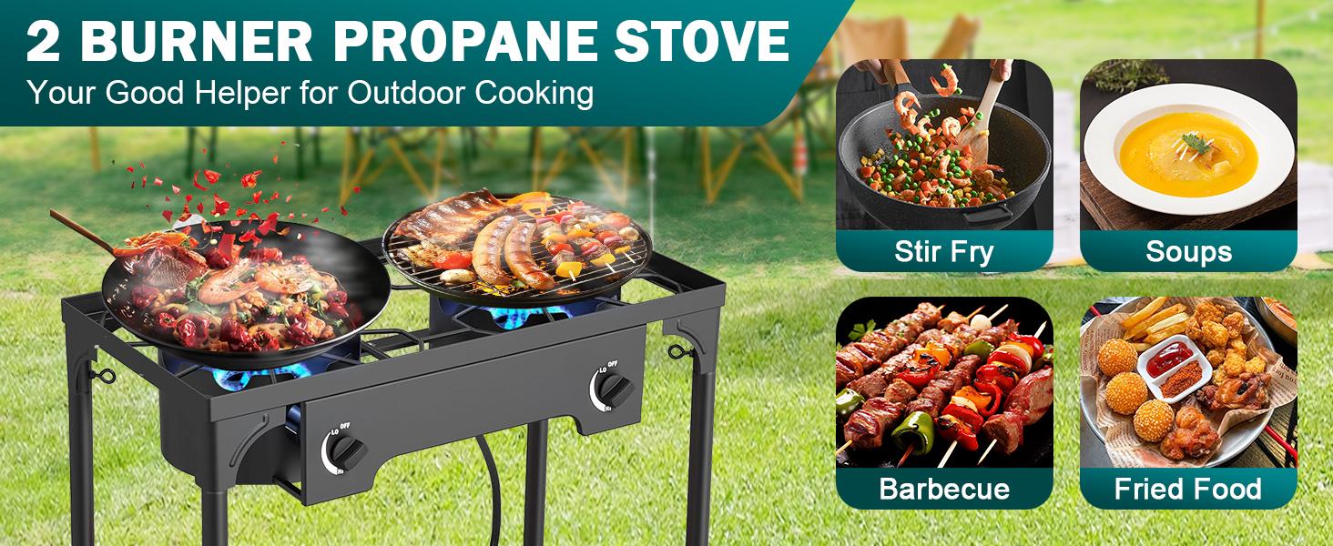 GEEKHOM Propane 3 Burner Camp Stove Outdoor High Pressure Propane 2 Burner Adjustable PSI Regulator and Steel Braided Hose With Removable Legs Camping Kitchenware Camping Gear