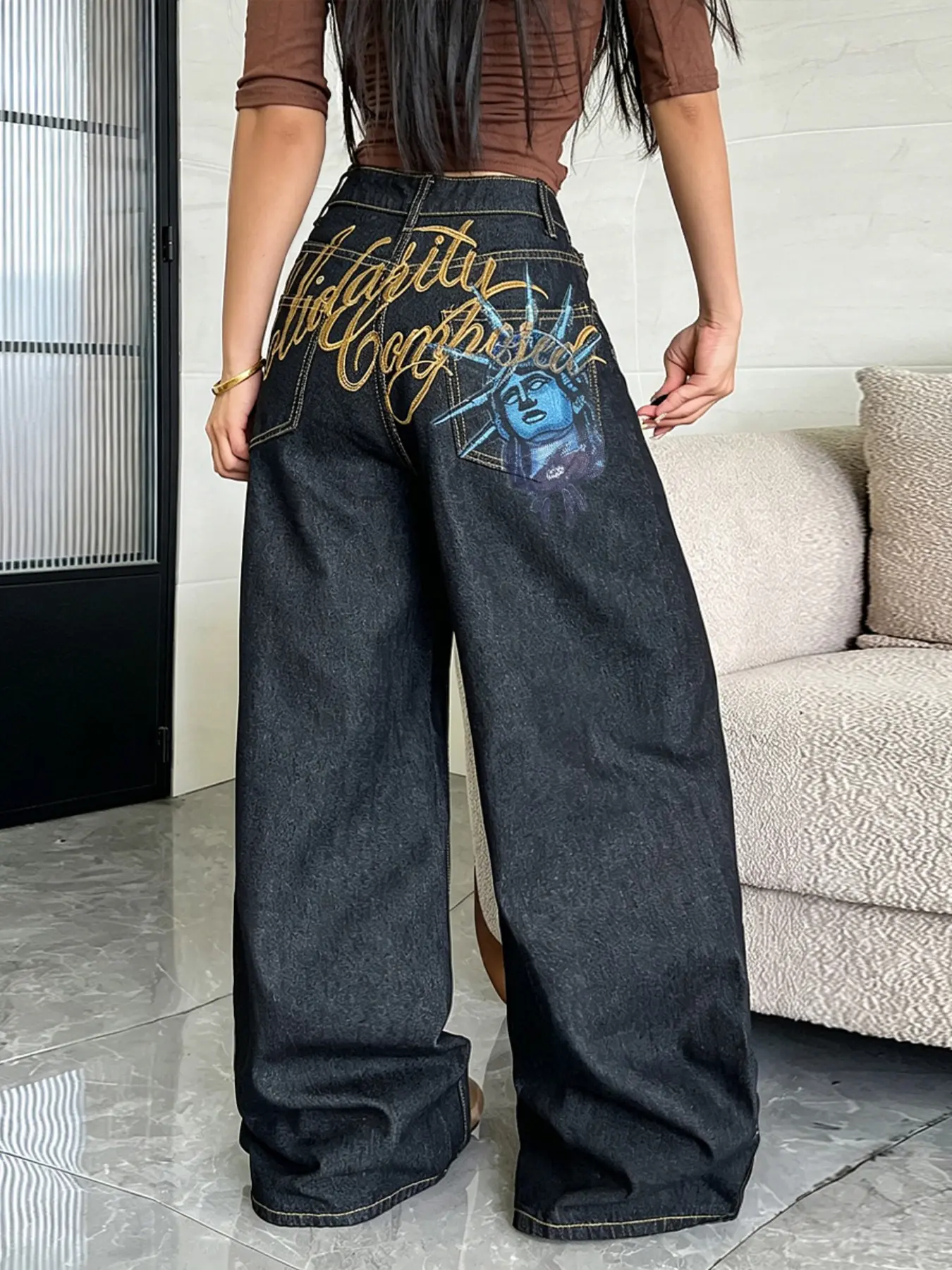 Women's High-Waisted Wide-Leg Jeans Pants, Goddess Portrait Embroidered Letter Patchwork, Y2K Street Style Streetwear, Loose Fit, Baggy, All Seasons