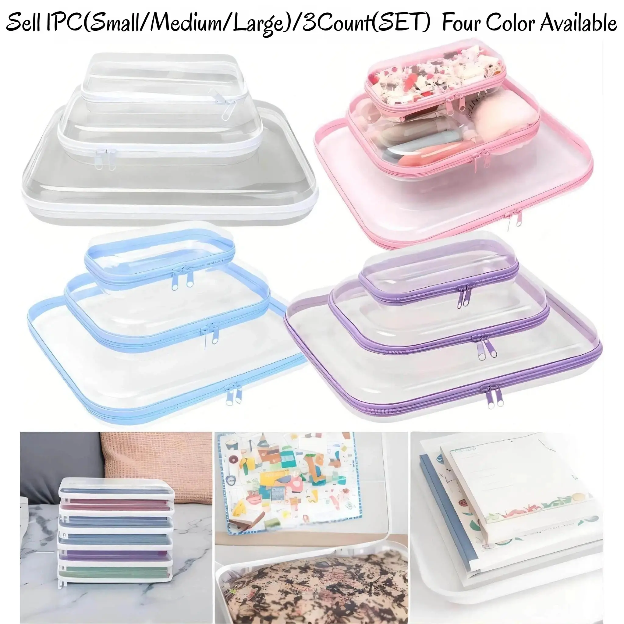 1/3 Set Clear Storage Box, Cosmetic Organizer, Large Capacity Zipper Storage Box, White/Pink/Blue Portable Storage Organizer for Skincare, Clothes, Travel Toiletry Bag, Space Saver Organizer, Zippered Organizer, Large