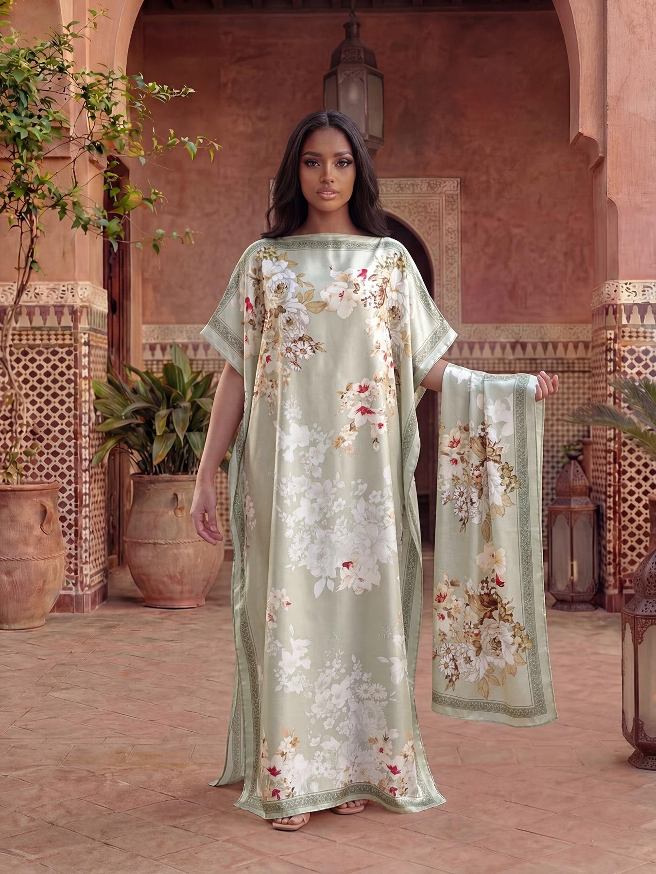 Women's Floral Print Robe Set, Casual Fashion Long Dress + Headscarf Scarf Hairband, Beach Sun Protection Satin Silk Shawl