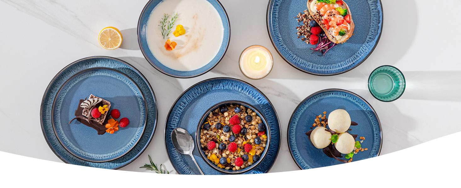 vancasso PLA Plates and Bowls Sets, 16/18/24 Pieces Stoneware Dinnerware Sets Dishes Set Modern kitchen Dishware Sets Service for 4-6 People, Dishwasher and Microwave Safe, Blue, Black, Green Set