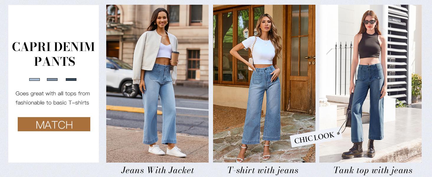 Cicy Bell Wide Leg Jeans for Women Trendy High Waisted Flare Stretchy Cropped Baggy Denim Pants with Front Patch Pockets - Womenswear