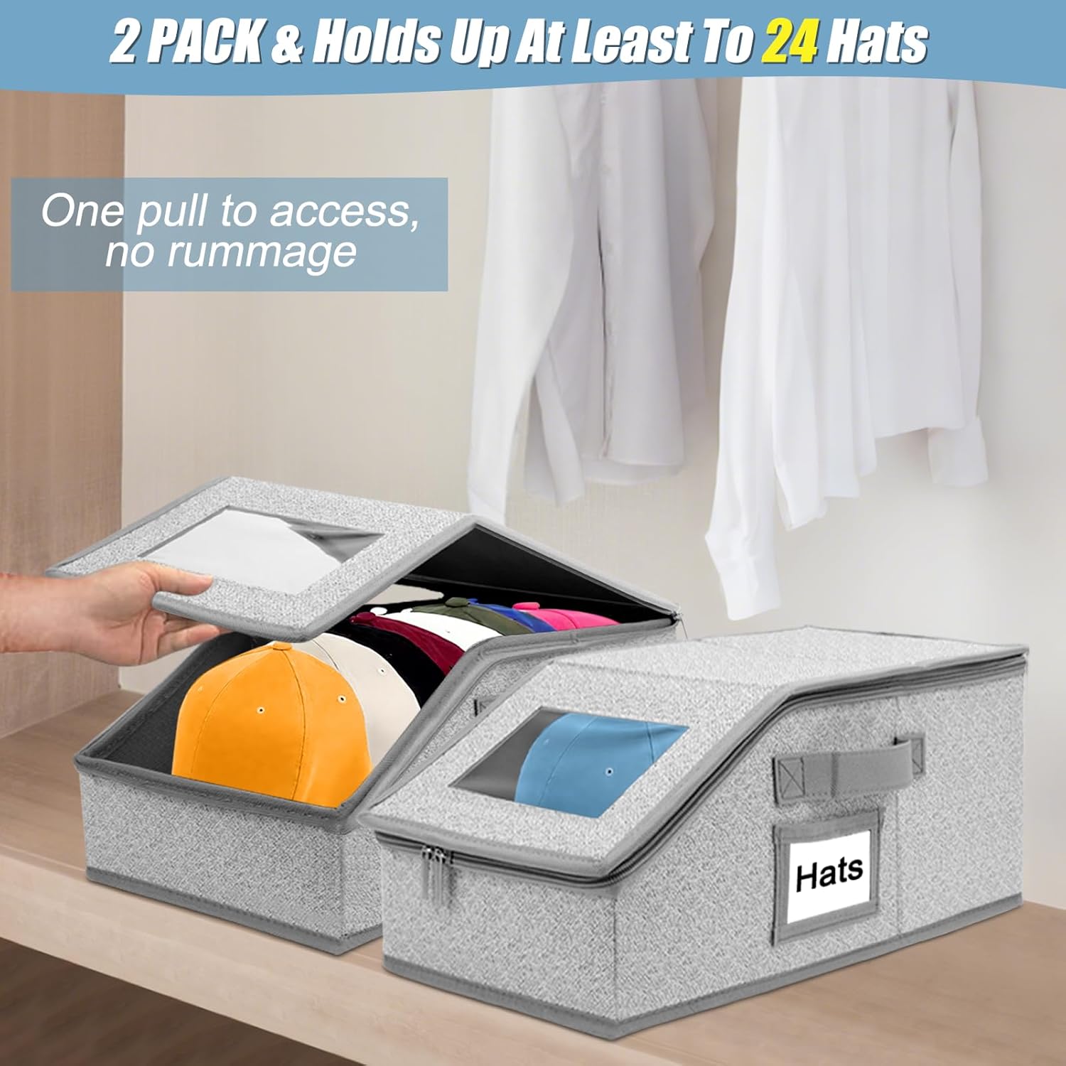 Stackable Hat Storage Boxes for Baseball Caps, Holds Up to 24 Hats, Durable Cardboard Box for Men, Classic Style, Wardrobe Organizer, Baseball Cap Organizer & Hat Storage