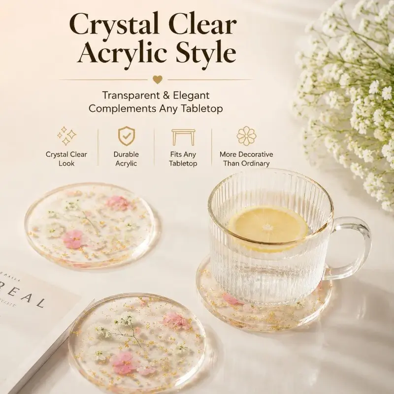 4Pcs Transparent Floral Acrylic Coasters Waterproof Non Slip Heat Resistant Drink Cup Mats Home Kitchen Office Desk Decor Ideal Gift For Wedding Birthday Party