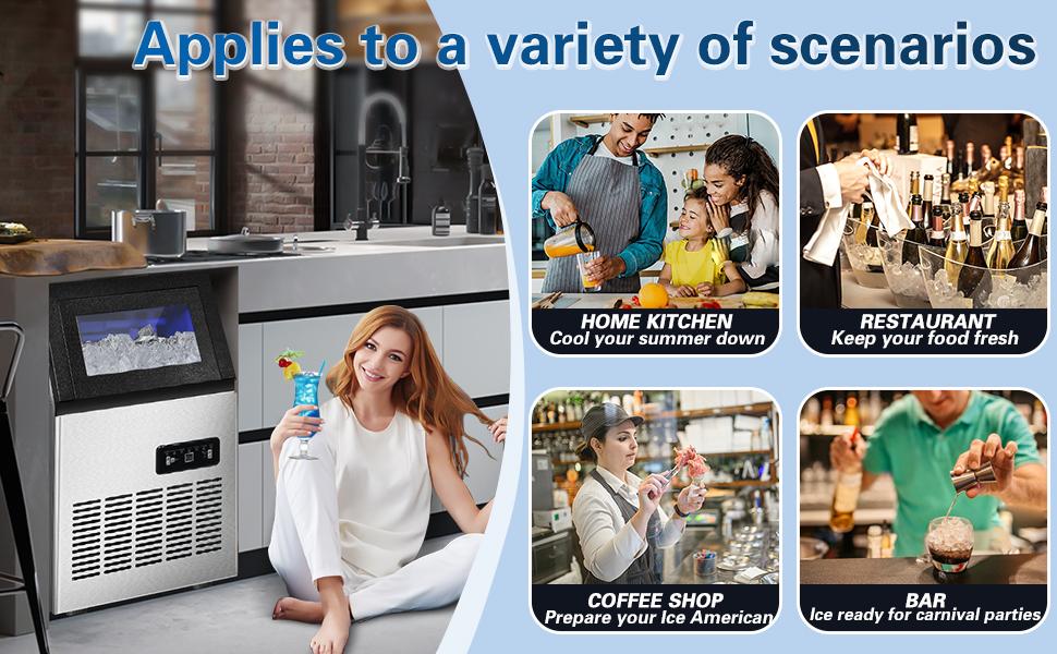 110LBS/24H Commercial Ice Maker Machine Stainless Steel Freestanding Ice Machine 28LBS Storage Capacity 2 Water Inlet Modes Kitchen Utensils, Portable Countertop ice machine ice maker Cube Set CIM40-1