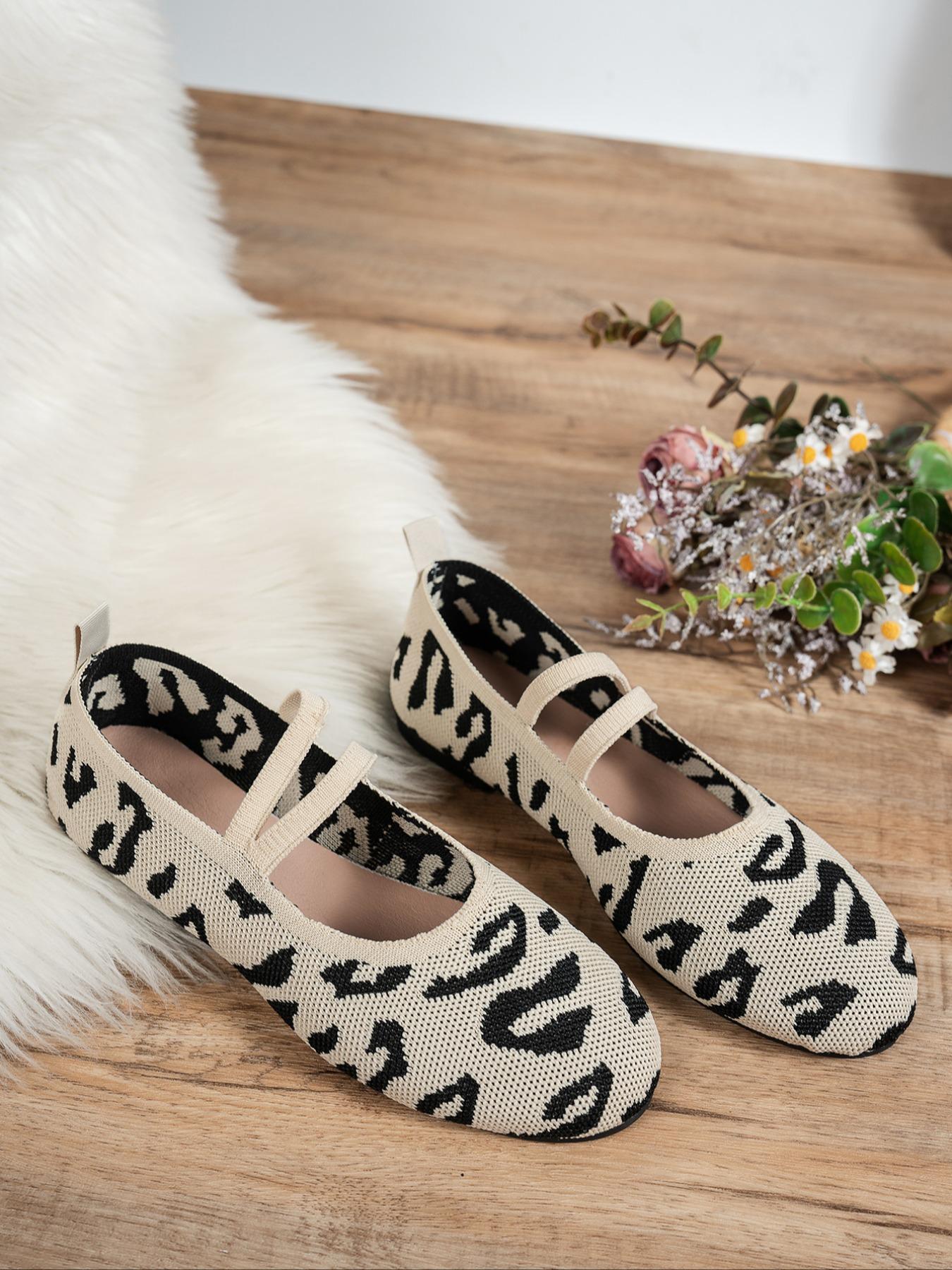 Women's Fashion Knitted Leopard Print Casual Trendy Flat Shoes, Elegant Versatile Basic Design, Comfortable Large Size, Suitable for Home and Outdoor