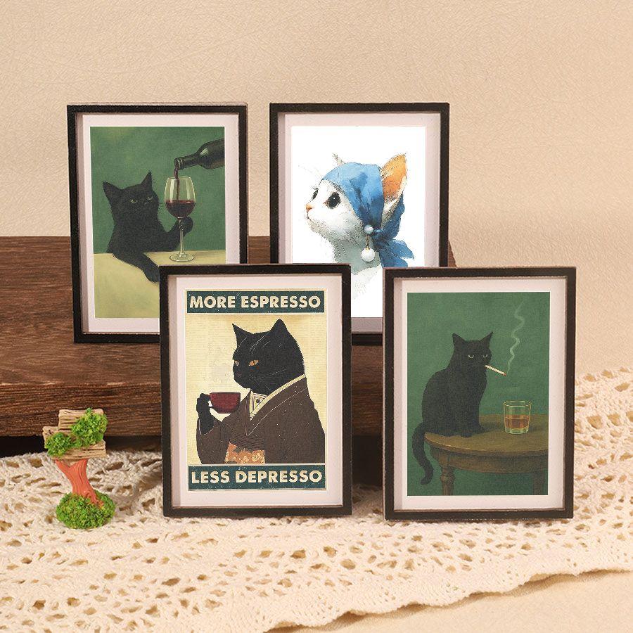 4 Pcs Fun Cat Refrigerator Magnets, Mini Frame Magnet Set, Home & Festival Decor, Perfect Holiday Gift, Creative Kitchen Accessories