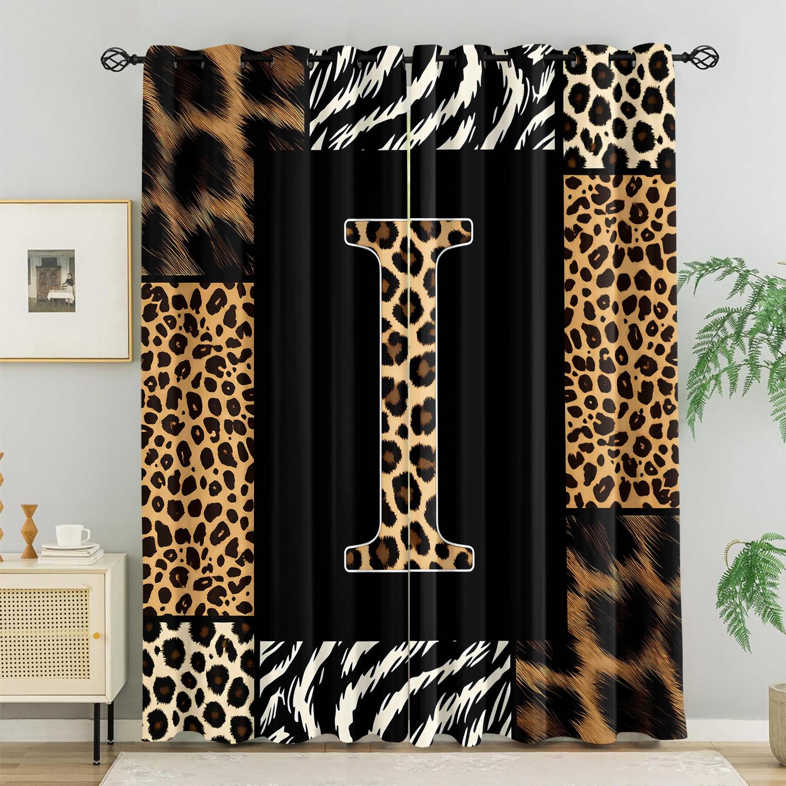 2 Panels 26 Letters Leopard Print Curtains, 80%-90% Light Blocking Curtains, Alphabet Printed Curtains, Stylish Decor Curtains for Bedroom Living Room, Wild Style Window Drapes, Ideal Gift