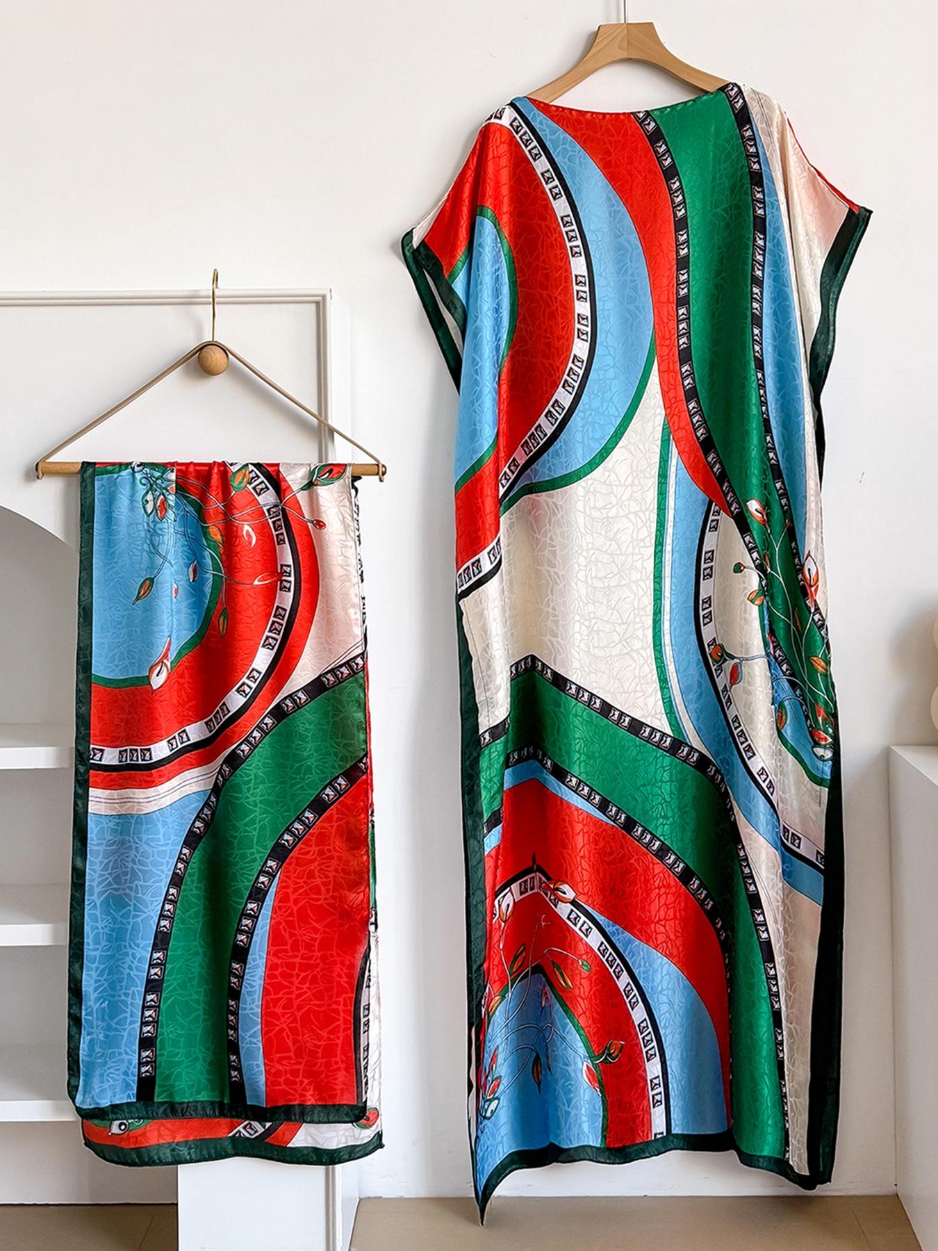 Women's Colorblock Print Long Scarf & Poncho Set, Casual Soft Comfortable Shawl for Beach Vacation, Fashion Accessories for Women & Girls