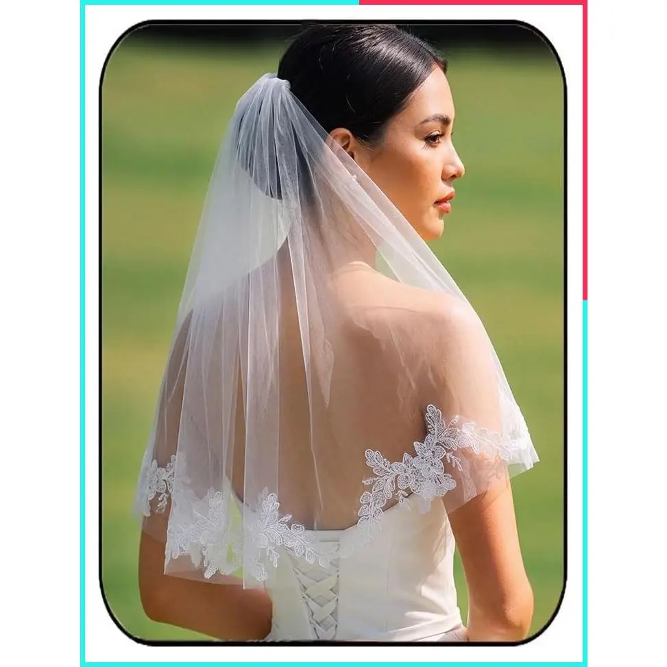 Short Shoulder Length Lace Wedding Veil with Flower Trim and Comb for Women and Girls, White