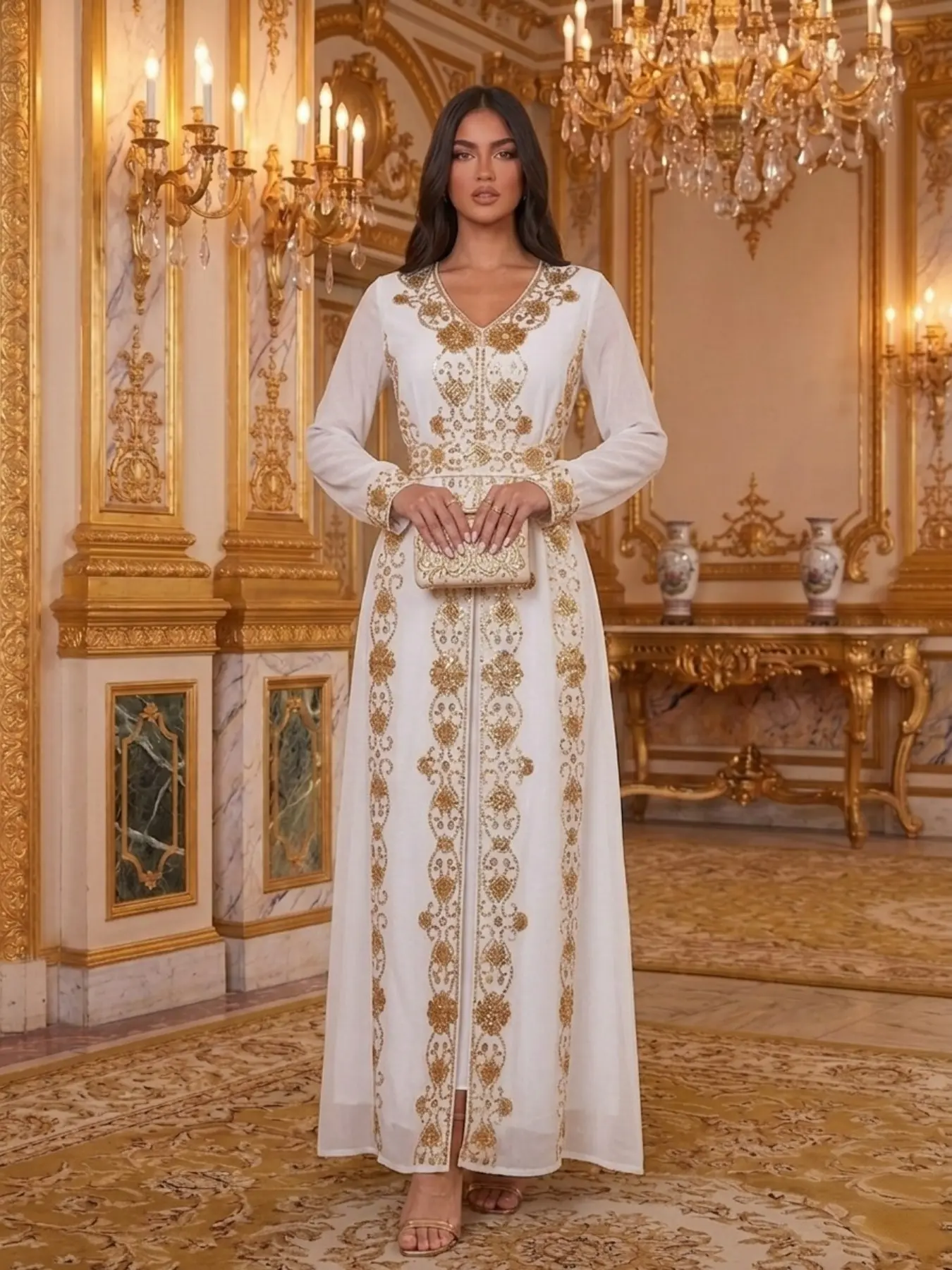 Pure Chiffon Heavy Embellished Gold Rhinestone Arab Robe, V Neck Long Sleeve Waist Cinched Maxi Abaya, Dubai Wedding Evening Gown