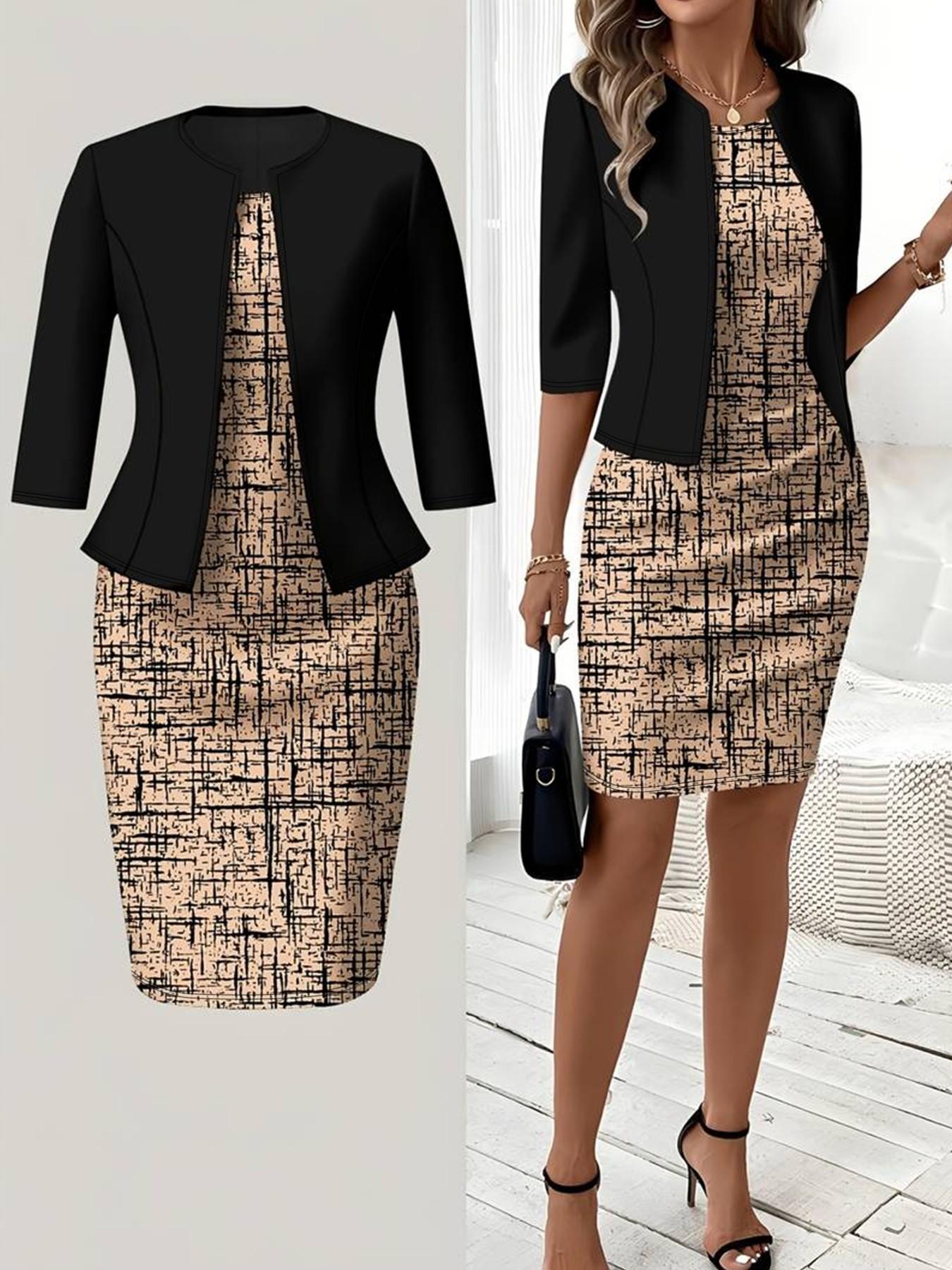 (short skirt) (small size) (general fabric) (printing design) Spring, summer and autumn knitted cardigan blouse with slim waist and printing design; classic straight dress, two-piece suit, suitable for women; elegant wedding guest dress