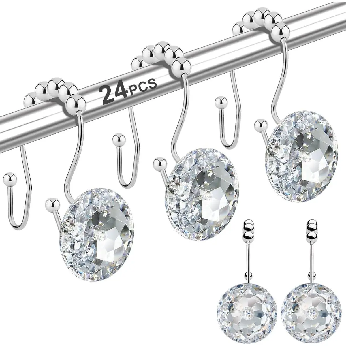 Shower Curtain Hooks Rings for Bathroom, 12PCS Double Hooks Glide Anti Rust Crystal Rhinestones Shower Curtain Rings Hangers for Shower Curtains, Clothing, Towels, etc. (Clear)