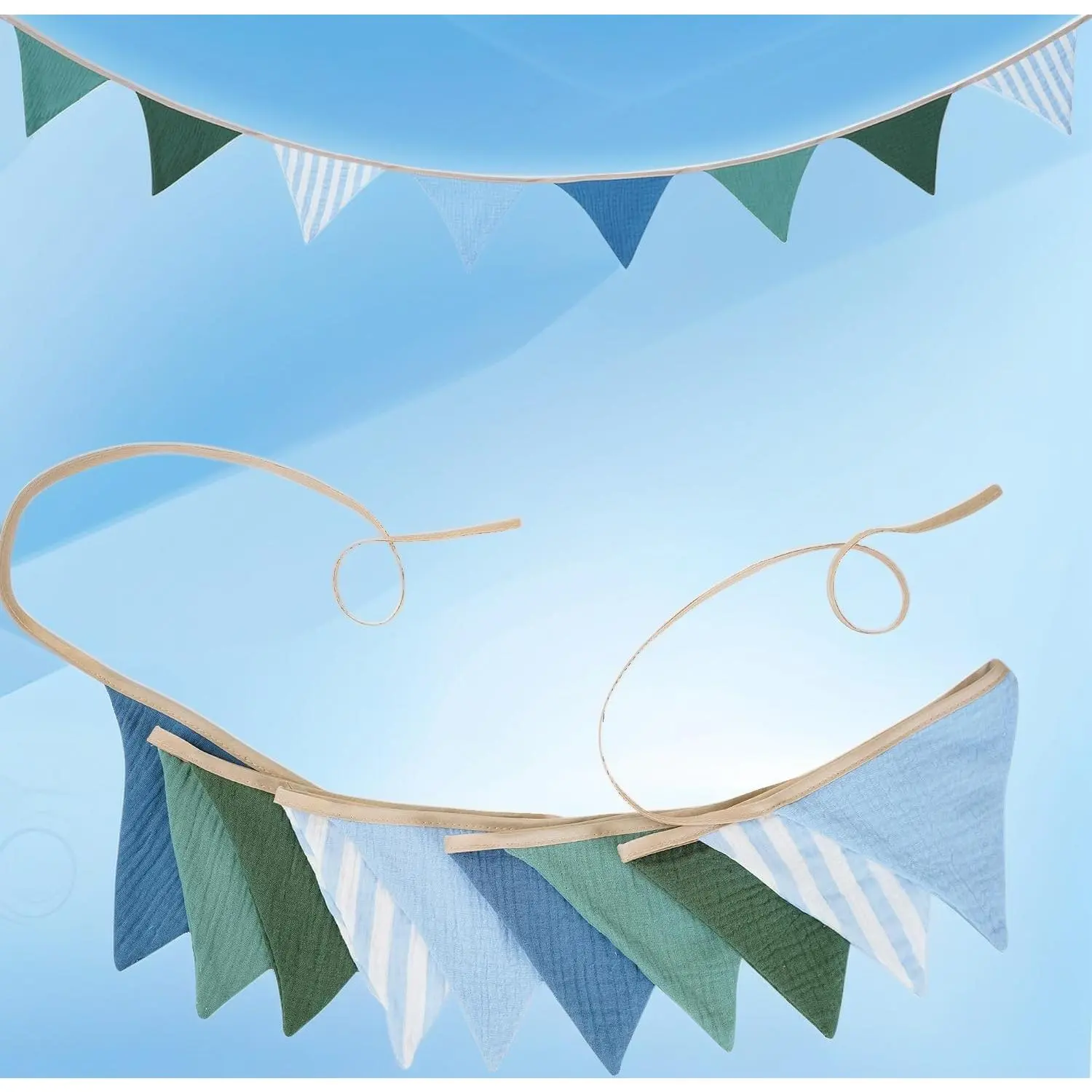 2Pcs Boho Triangle Bunting Flag Cotton Fabric Garland |   Reusable No‑DIY Party Banner for Baby Shower Birthday Wedding Nursery Decor 10 Flags Each Blue‑Green Mint