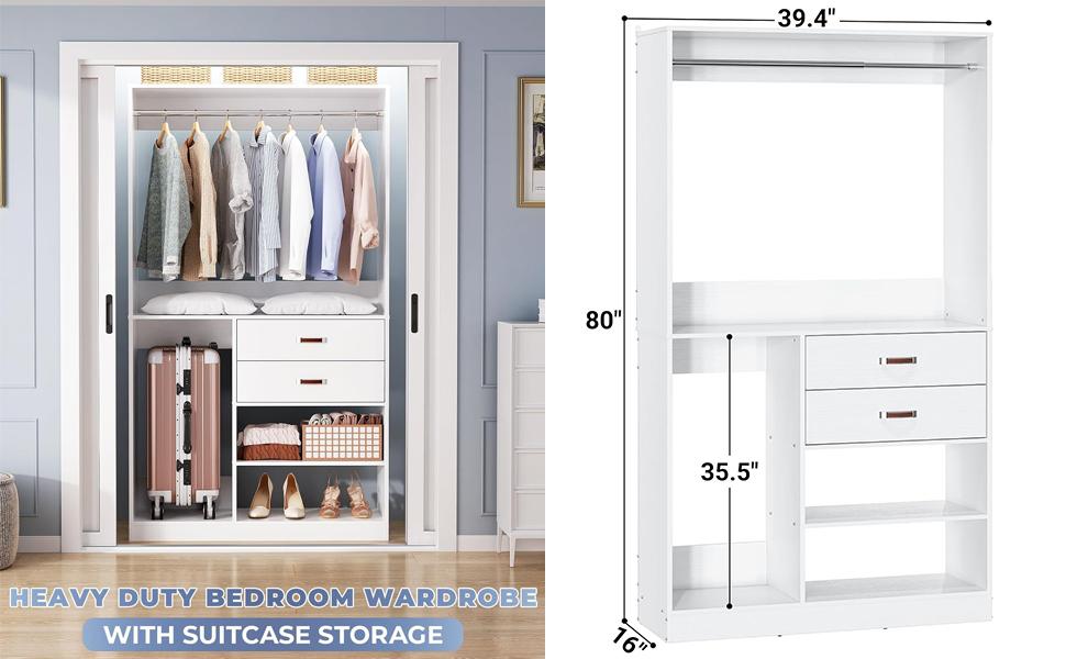 80'' Height Freestanding Wood Closet System, DIY Reversible Stand-alone Wardrobe Walk-in Closet Garment Organizer with Hanging Rod and Drawers, White