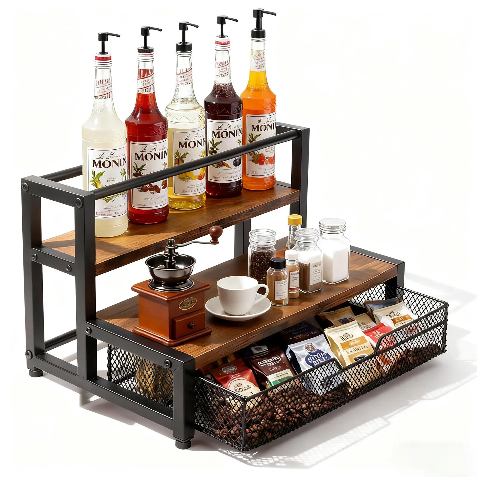 Metal Coffee Bar Storage Rack With K-Cup Storage Basket, Extendable Drawers And Spacious Shelves. It Is An Ideal Choice For Organizing Coffee Accessories And Coffee Station Items, And An Excellent Gift For Christmas. coffee enthusiast stand cabinet